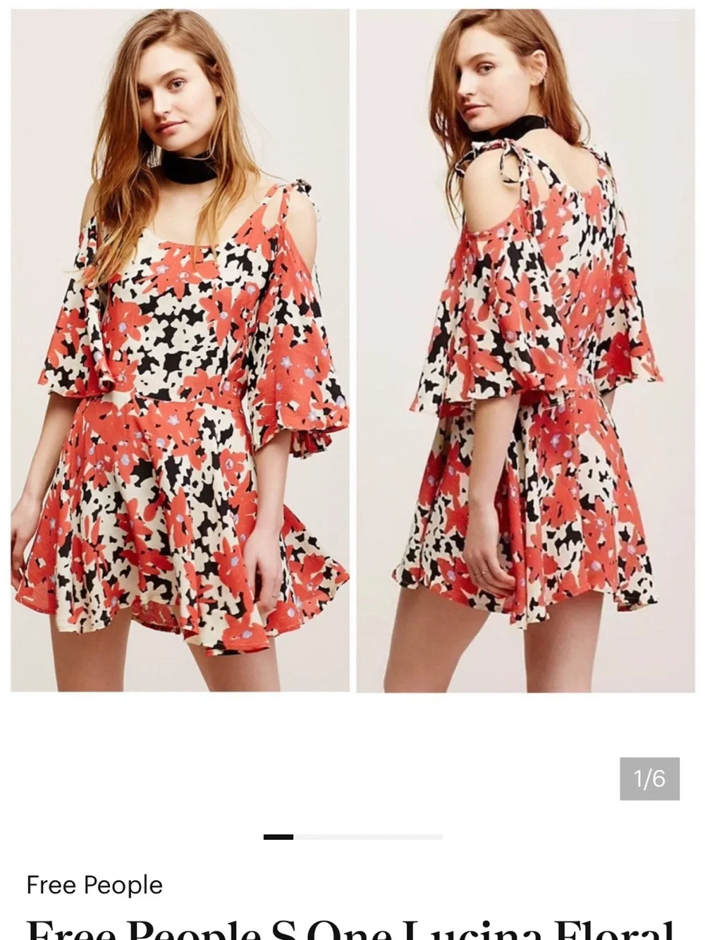 Free People Coral and Cream Floral Cold-Shoulder Mini Dress